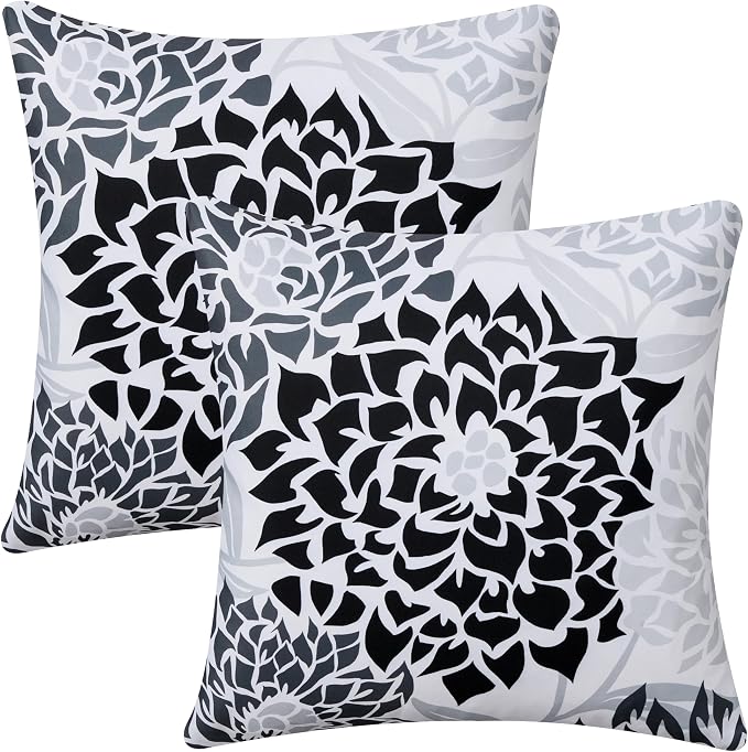 Allorry Outdoor Pillow Covers 20x20 Set of 2 Black Gray Flower Pattern Decoration Throw Pillow Covers for Spring Summer Outdoor Waterproof Furniture Garden Patio Sofa Bedroom Home Decor JB011-B20