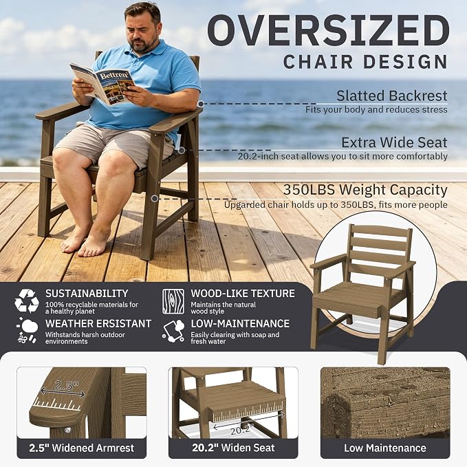 AreShark Patio Dining Chair Set of 2,All Weather HDPE Outdoor Dining Armless Chairs with Wide Seat and Backrest,Weatherproof Patio Chairs for Garden,Backyard,Deck,Brown