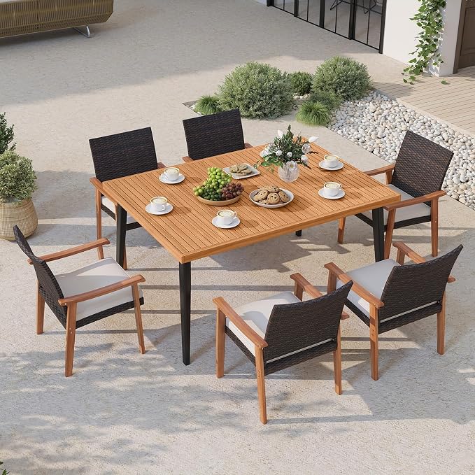 Tangkula 7 Pieces Patio Dining Table Set, Outdoor Rectangular Acacia Wood Table with 1.97” Umbrella Hole & 6 Cushioned Armchairs, for Garden, Deck, Yard