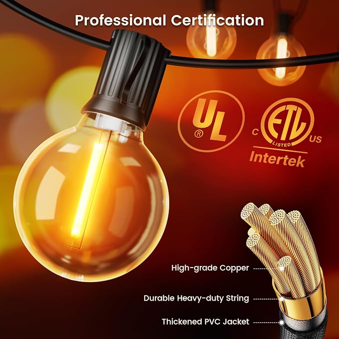 OHLUX Outdoor String Lights, 150FT Patio Lights with 70+2 Dimmable Plastic LED G40 Bulbs, 2200K Waterproof Connectable Hanging String for Backyard Cafe Porch Deck E12 Base