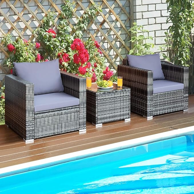 HAPPYGRILL 3 Pieces Patio Conversation Set, Outdoor Rattan Wicker Sofa Set with Coffee Table, Patio Furniture Set with Soft Cushions for Balcony Porch Backyard Garden