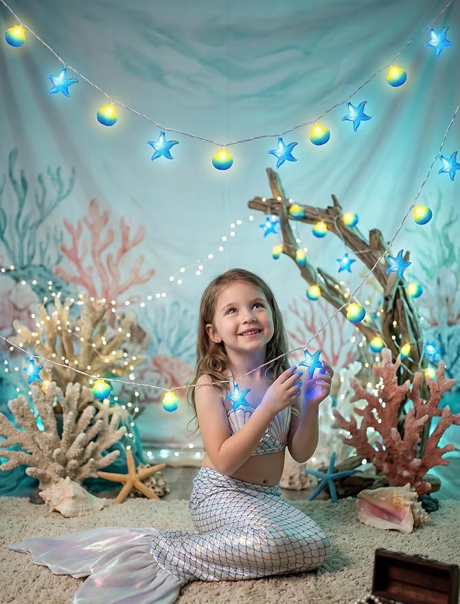 8.5Ft Beach Themed Seashell String Lights, 10L LED Starfish Seashell Lights | Plug in for Boho Coastal Bedroom Seashell Party Nautical Party Holiday Decor, Indoor Outdoor