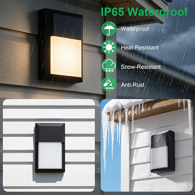 Outdoor Porch Light, LED Wall Sconce, Rustproof Aluminum | Modern Exterior Wall Light Fixture for House, Patio, Garage, 12W 1000 Lumen, Waterproof, 3000K, Black, 2 Pack