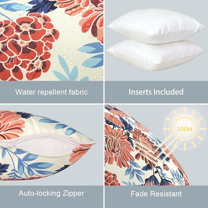 LVTXIII Set of 2 Patio Throw Pillows Waterproof 16"x16" Fade Resistant Outdoor Throw Pillows with Inserts, Fluffy Garden Toss Pillow Cushions for Patio Sofa Use,Red Chrysanthemum