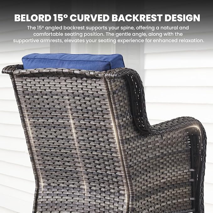 Belord Patio Chairs Outdoor Furniture Set, 3 Peices Porch Wicker Furniture with Side Table, Deep Seating Patio Bistro Chair Sets (Blue Cushion)