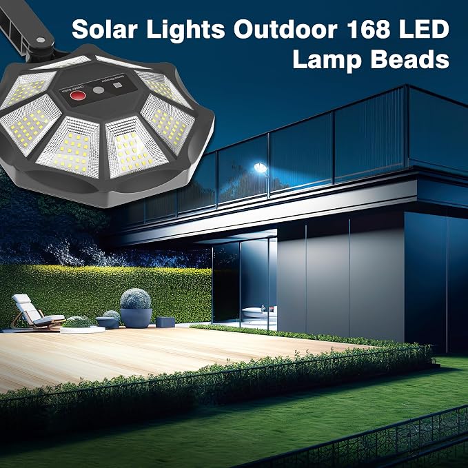 OKPRO Solar Lights Outdoor, 168LED 6500K Flood Light Dusk to Dawn | 8 Sides Solar Outdoor Lights with Motion Sensor, IP66 Waterproof Solar Street Lights Outdoor for Yard, Pools(4 Pack)