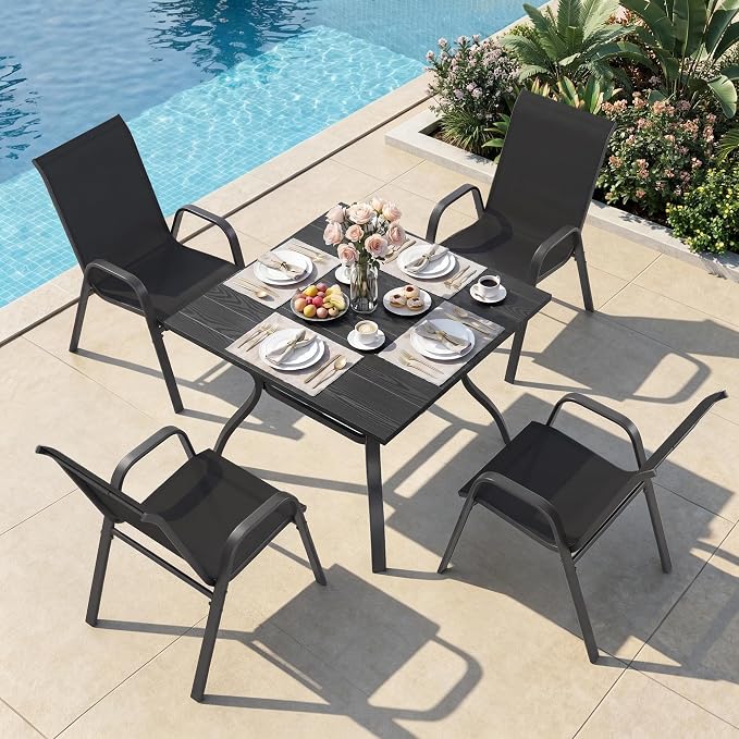 Outdoor Patio Dining Set for 4, 5 Pieces Patio Table and Chairs Set with Umbrella Hole, 37.8"x 37.8" Square Metal Wood-Grain Dining Table Set with 4 Stackable Patio Chairs for Deck , Backyard, Porch