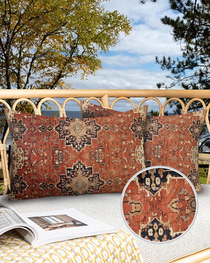 Southwest Outdoor Pillow Covers Waterproof, All Weather Cushion Case Set of 2, Geometric Stripe Boho Native Flower Print Lumbar Pillowcase for Sofa Couch Bed Decor Patio Furniture 20"x12"