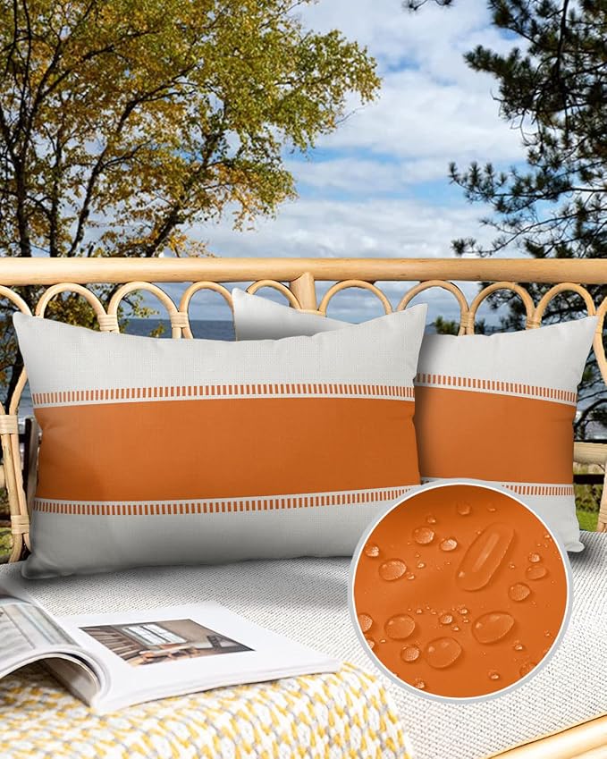 Outdoor Waterproof Throw Pillow Covers 20 x 12 Inches Set of 2 Orange White Stripes Minimalist Simple Pattern Decorative Cushion Cover Pillowcase for Garden Patio Tent Beach Livingroom Sofa Couch