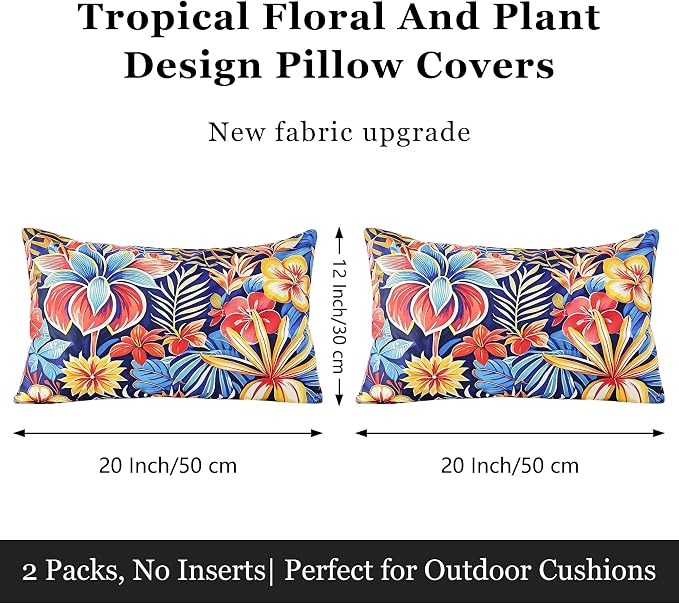 Outdoor Pillow Covers 12x20 Inch Set of 2, Tropical Floral Plants Modern Throw Pillows Cases, Spring Waterproof Square Garden Cushion Sham for Patio Funiture Tent Balcony Bench Sofa, Blue