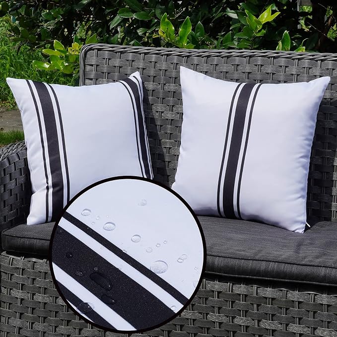 ONWAY Outdoor Pillow Covers 18x18 Waterproof Set of 2 Decorative Throw Cushion Cover White and Black Striped Outdoor Pillows for Patio Furniture