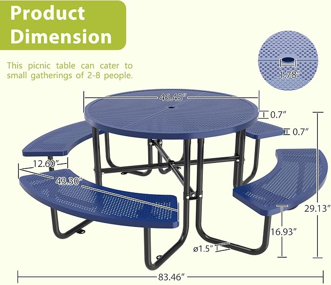 46 Inch Round Metal Picnic Table with 1.78" Umbrella Hole, All Weather Rust-Proof Metal Frame, Mesh Tabletop, Seats Up to 8 People, Easy Assembly for Patio, Backyard, Camping & BBQ, Blue