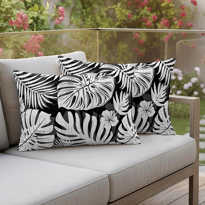 Black Palm Leaves Outdoor Pillow Covers 20"x12" Set of 2, Tropical Botanical Minimalist Modern Waterproof Throw Pillow Covers for Patio Furniture, Decorative Cushion Covers for Porch