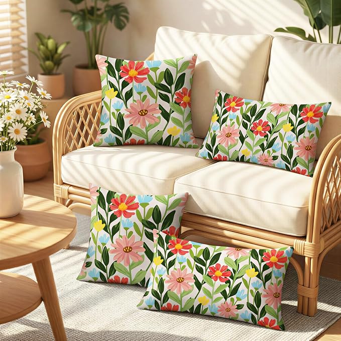 Lewondr Summer Floral Waterproof Outdoor Pillow Covers, 2 Pack, 18"×18" | Spring Summer Floral Waterproof Throw Pillow Covers for Patio Furniture Garden Square Outdoor Decorative Pillow Covers