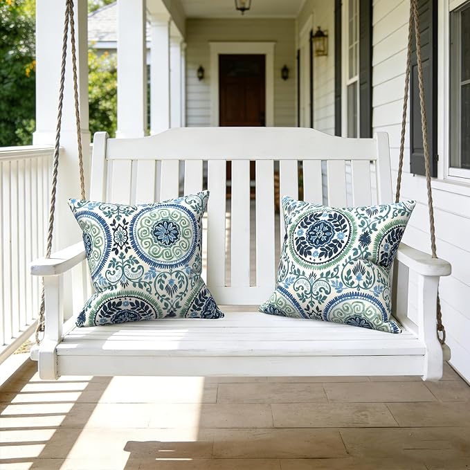 LVTXIII Outdoor Throw Pillows 16x16 Inch, Set of 2 Square Decorative Pillows with Inserts for Patio Furniture, Porch Chair, Garden Sofa, Coastal Medallion