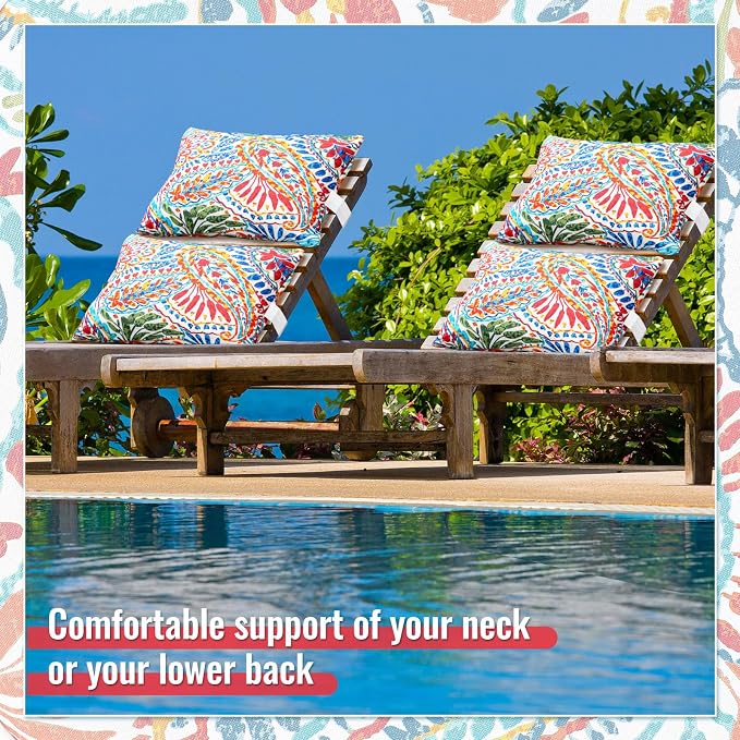 Juexica 2 Pack Chaise Lounge Pillow with Strap Outdoor Waterproof Beach Chair Neck Headrest Pillow Adjustable Elastic Band for Hammock Lumbar Recliner Pillows for Patio Pool Chair(Paisley)