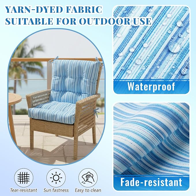 Marsui 4 Pcs Outdoor Indoor High Back Chair Cushions Patio Furniture Tufted Pillow with Ties Water-Resistant Replacement Outdoor Rocking Chair Cushions, 42 x 21 Inches (Blue Stripes,Stripes)