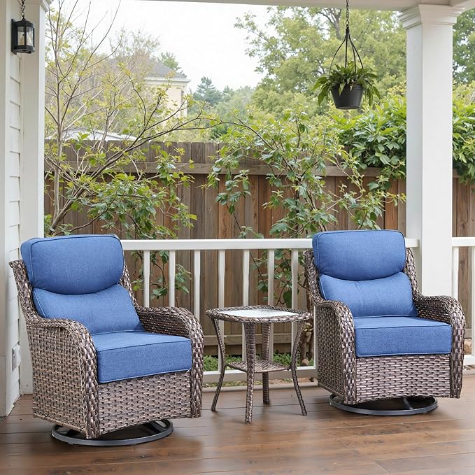 Swivel Patio Chairs Set of 3 with 6" Thick Cushion - Wicker Outdoor Swivel Rocker Patio Chairs with Side Table, High Back Comfortable Outdoor Glider Chair - Brown Wicker Blue Cushion