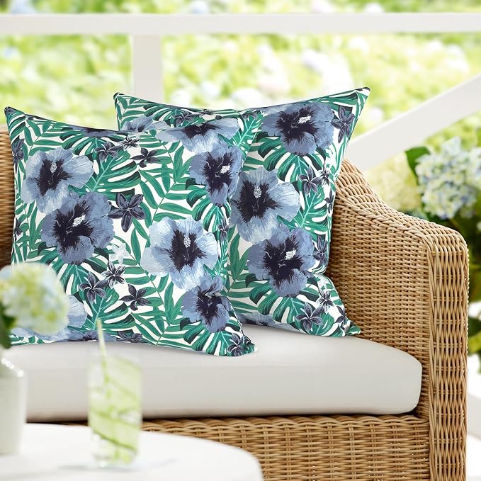 DYTXIII Pack of 2 Outdoor Waterproof Pillow Covers ONLY, 18"x18" Square Decorative Double Printed Throw Pillow Cases for Patio Couch Porch Furniture, Blue Salmone Tropical