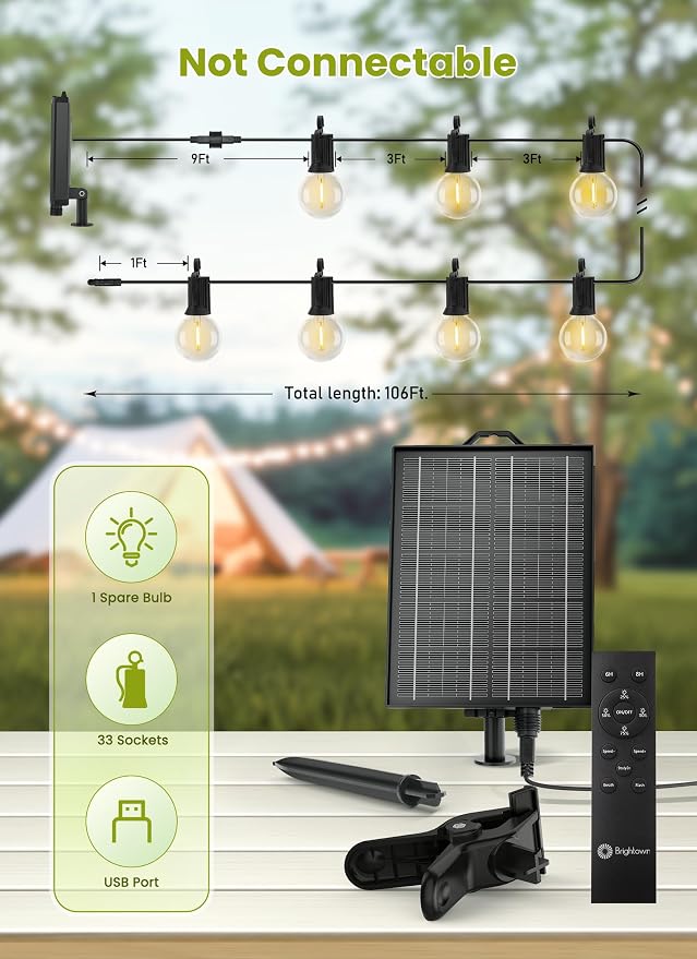 Brightown 106FT Solar String Lights Outdoor, IP65 Waterproof, Remote, Timer | Patio Lights with 33 LED Shatterproof Bulbs, 3 Light Modes, Dimmable, Outside Light for Backyard Porch Yard Party Xmas Decor