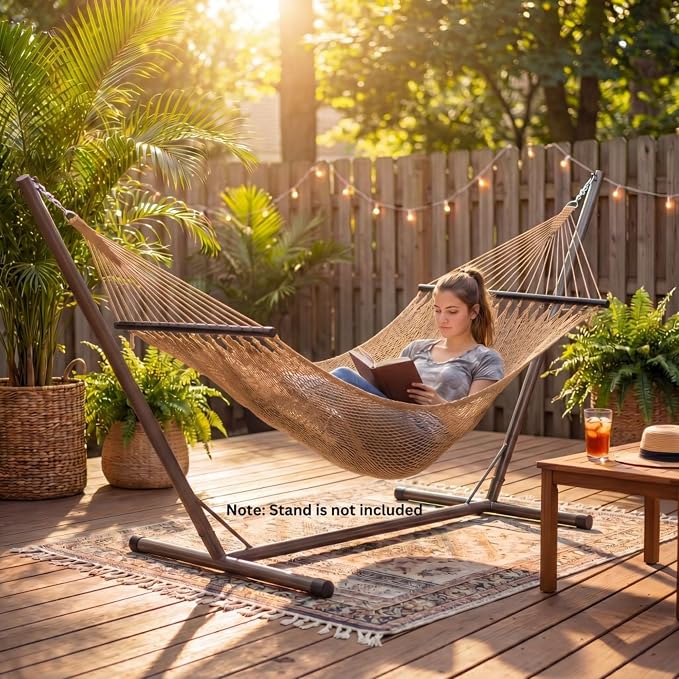 Happygrill 10.5FT Caribbean Double Hammock, Outdoor Portable Hammock with Spreader Bar, Soft-Spun Polyester Rope, 2 Person Hammocks for Outside, Camping & Patio, Max 600 lbs Capacity (Coffee)