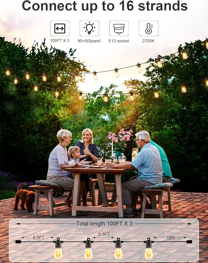 Svater 300 FT Outdoor String Lights, Patio Lights for Outside Waterproof | Shatterproof IP65 LED Bulbs, Commercial Hanging Light for Bistro Cafe Backyard Porch Dimmable, 2700K (100 FT *3)