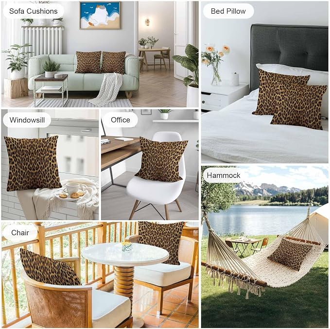 Vandarllin Outdoor Throw Pillows Covers 24x24 inch Set of 2 Waterproof Leopard Print Decorative Zippered Cushion Covers for Patio Furniture, Retro Animal Fur Pattern Lumbar Pillowcases