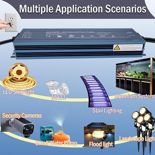 24V 200W UL Listed LED Power Supply with 3.28ft US Standard Plug Wire | Waterproof IP67 Low Voltage Transformer, 100V-130V AC to 24V DC Converter for DC24V LED Lighting Products