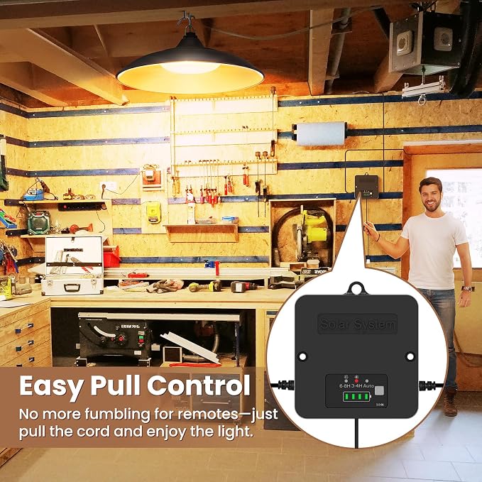 Solar Shed Light Indoor Outdoor with Pull String, 3000K Daytime Available | Warm White, 3 Lighting Modes Pendant Light, Dusk to Dawn, Solar Lights Indoor, IP65 Waterproof for Barn, Gazebo, Shop, Garage