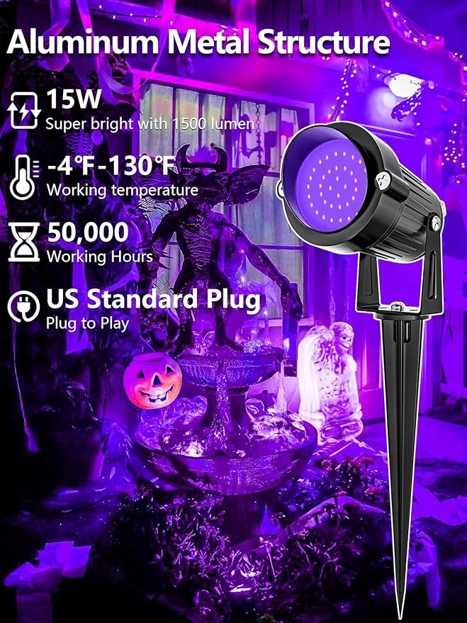 ZUCKEO Blacklight Spotlight Outdoor 15W Halloween Black Light Spot Light with US Plug, IP66 Landscape Black Lights Fixtures for Glow Party Fluorescent Yard Garden House Decorating(6Pack)