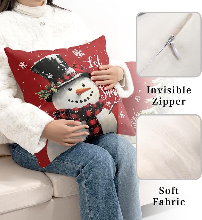 Red Christmas Pillow Covers Snowman Throw Pillow Covers Xmas Tree Pillow Case 24x24 Winter Snowflakes Cotton Blend Cushion Case for Holiday Decor Couch Sofa 2 Pack