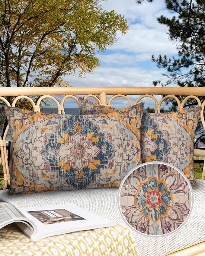 Outdoor Waterproof Pillow Covers Set of 2, Meddle Century Vintage Carpet Mural Pattern Patio Throw Pillow Covers, Decorative Cushion Case for Couch Sofa Furniture Garden, 20x12 Inch