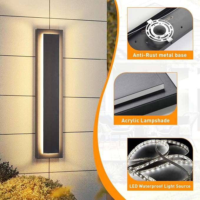 23.6 in Porch Lights Outdoor Sconce Light Exterior Lighting Fixture | Black LED Long Outdoor Wall Light For Porch,Front Door ,House,Patio, Waterproof, LED 24W 3000K Warm White,360° Angle,1 Pack