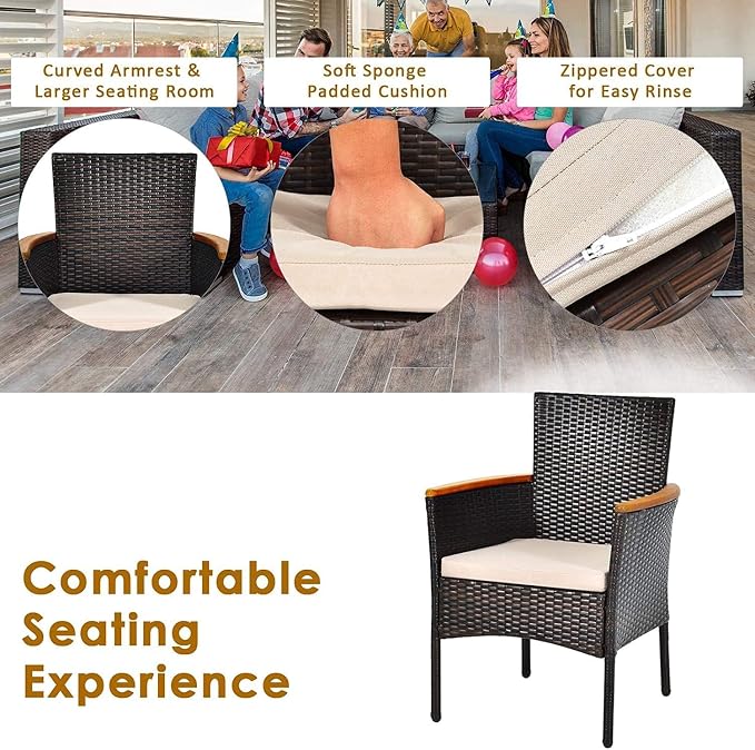 HAPPYGRILL 7-Piece Rattan Patio Dining Set Outdoor Wicker Dining Set with Umbrella Hole, Removable Cushions, Table & Chairs Set with Acacia Wood Table Top