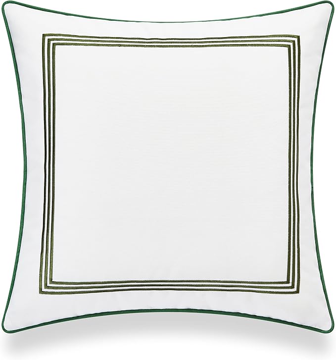 Hofdeco Premium Coastal Patio Indoor Outdoor Pillow Cover Only, 20"x20" Water Resistant for Backyard, Couch, Green Embroidered Square Line
