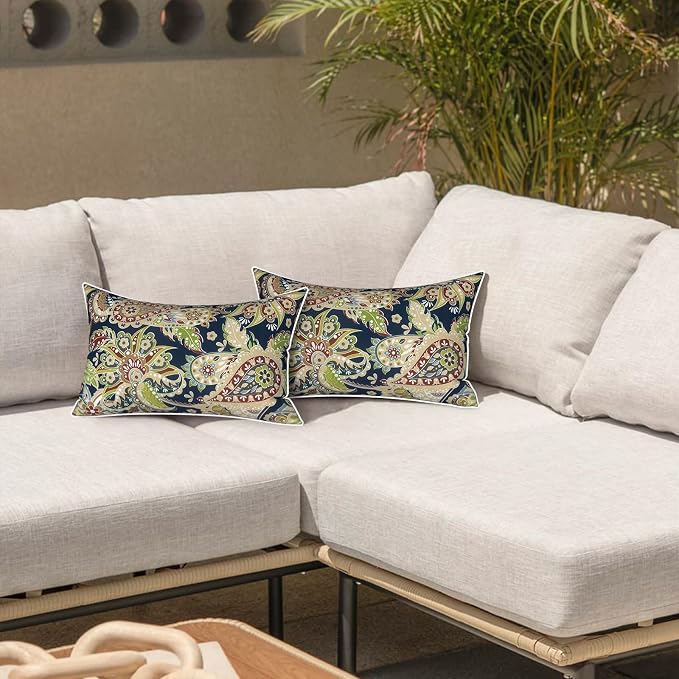 LVTXIII 2 Pack Outdoor Lumbar Pillows 12x20 Inch with White Piping, Fade Resistant Support Throw Pillows with Inserts for Patio Furniture, Sofa, Chair, Paisley Bloom
