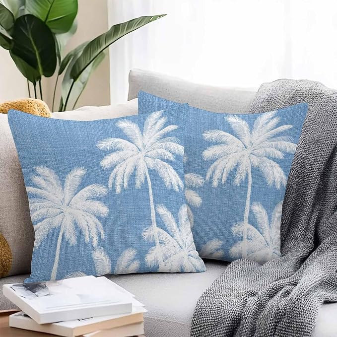 Outdoor Pillow Covers 16x16 Inch Set of 2, Blue Palm Trees Waterproof Throw Pillow Covers, Farmhouse Tropical Summer Beach Decorative Cushion Pillowcases for Couch, Sofa, Bed, Garden, Patio