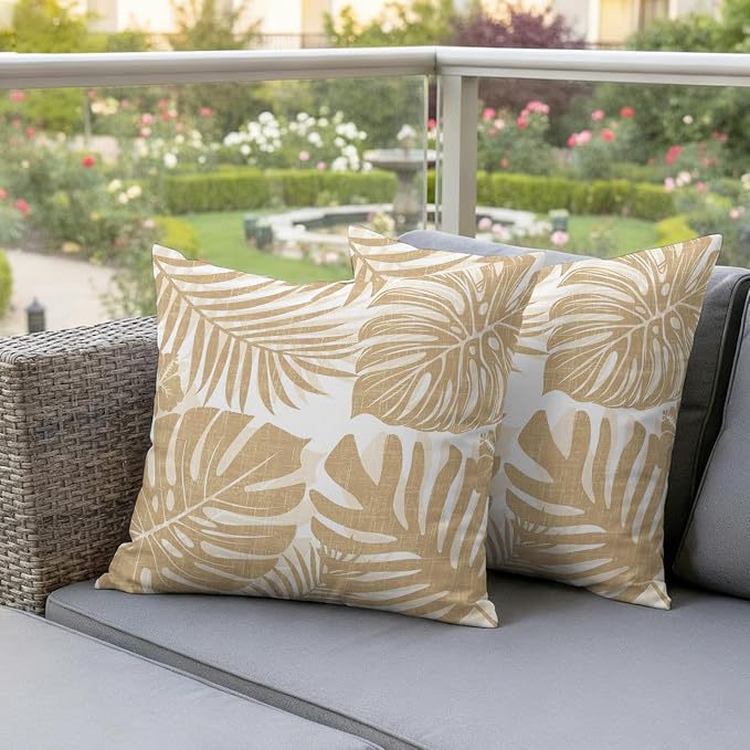 Khaki Palm Leaves Outdoor Pillow Covers 16"x16" Set of 2, Tropical Botanical Minimalist Modern Waterproof Throw Pillow Covers for Patio Furniture, Decorative Cushion Covers for Porch