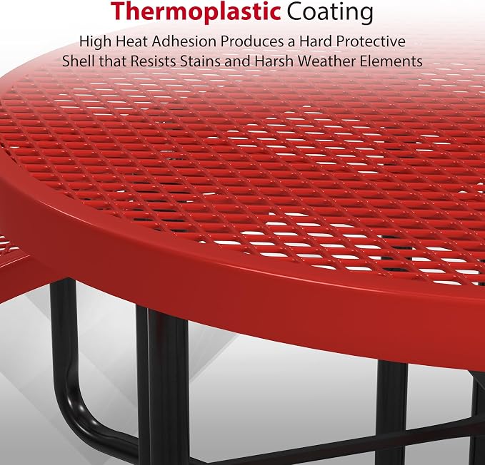 Leisure Craft Metal Picnic Table with Bench - 46" Round Outdoor Dining Table for 8 with Umbrella Hole, Weatherproof Heavy Duty Thermoplastic Coating, Commercial Grade Furniture Made in USA - Red