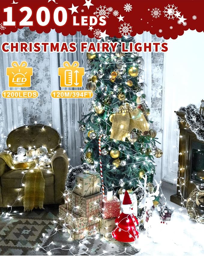 Christmas Lights String Outdoor Indoor, Xmas Tree Decorations Lights, Plug in Twinkle Fairy Light with Remote Timer Dimmable for Room Yard Holiday Party Wedding Decor (Cold White, 403FT 1200 LED)