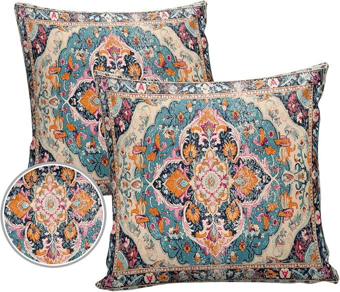 Outdoor Waterproof Pillow Covers Set of 2, Meddle Century Vintage Floral Mural Pattern Patio Throw Pillow Covers, Decorative Cushion Case for Couch Sofa Furniture Garden, 20x20 Inch
