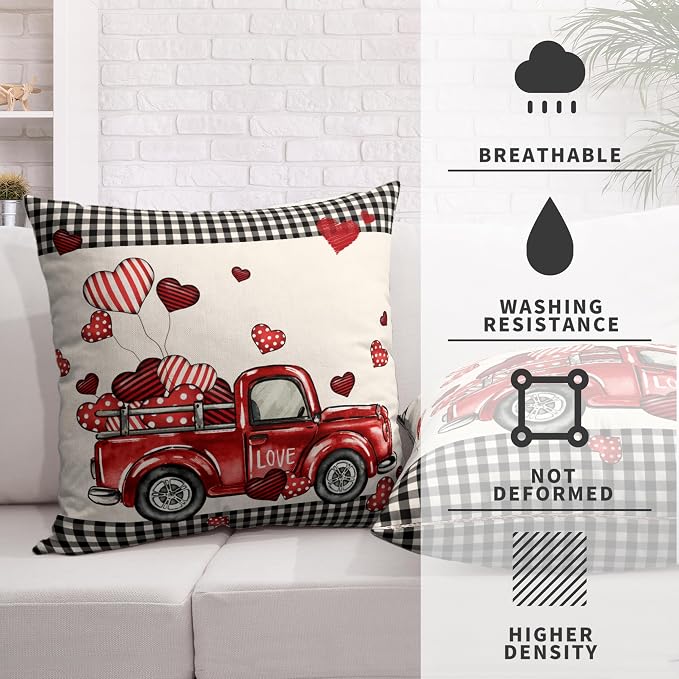 Valentines Throw Pillow Covers 22x22 Valentines Day Red Truck Pillow Covers Pack of 2 Heart Balloon Black Buffalo Plaid Decoarative Pillow Case for Home Outdoor Deocr Couch