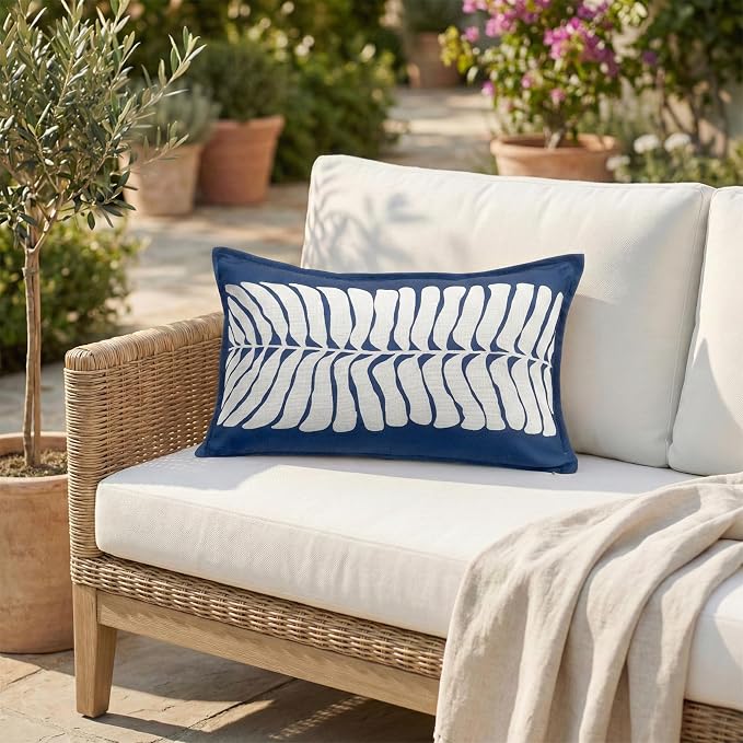 Fab Habitat Indoor/Outdoor Lumbar Pillow Made from Recycled Polyester Yarn - Double Sided, Stain Resistant, Machine Washable - Tropical - Patio, Deck, Porch, Living Room - Hilo - Blue - (14" x 24")