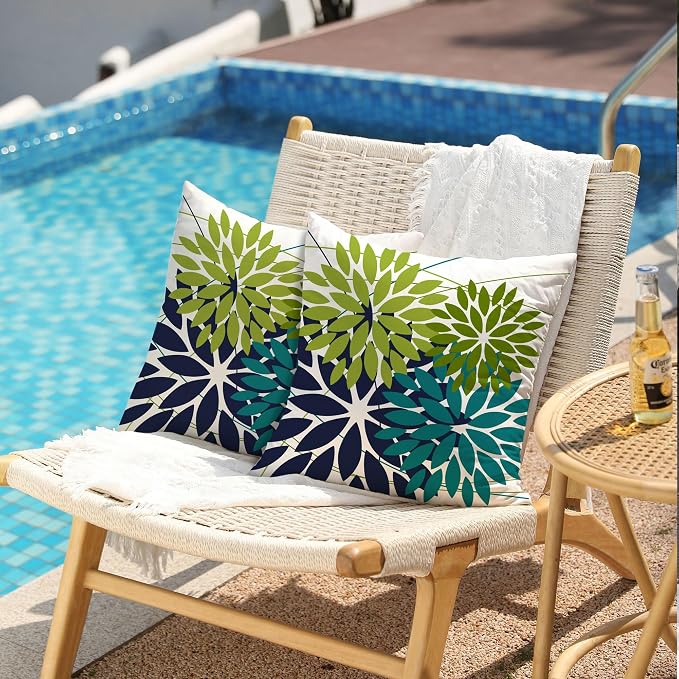 DFXSZ Pack of 2 Outdoor Waterproof Throw Pillow Covers 18x18 Green NavyBlue | Polyester Colorful Spring Summer Floral Decorative Cushion Cases(NO INSERT),For Couch Patio Funiture Garden Home Decor
