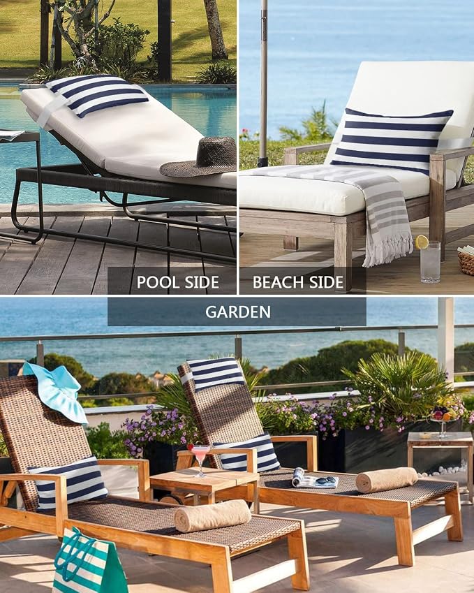 Recliner Head Pillow Lounge Chair Pillows with Insert Navy Blue White Stripe Lumbar Pillow with Adjustable Strap Outdoor Waterproof Patio Pillows for Couch Beach Pool Office Chair, 1PCS, 12x20in