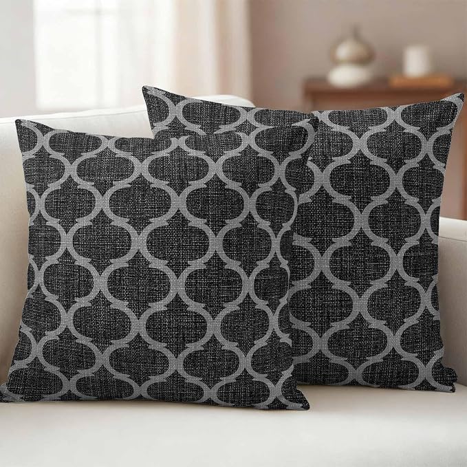 Black Morocco Outdoor Pillow Covers 20x20 Inch Throw Pillow Covers Set of 2 Waterproof Decorative Pillow Cases Boho Vintage Quatrefoil Geometric Plaid Cushion Covers for Patio Furniture Garden Couch