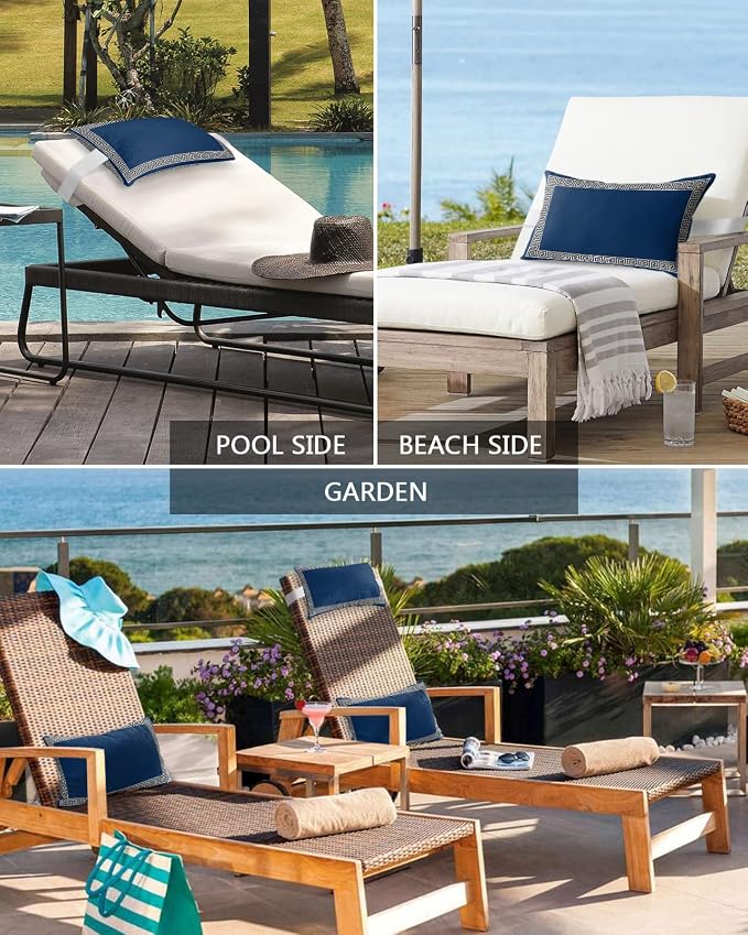 Outdoor Pillows Covers with Inserts Chinese Style Pattern Navy Blue Background Waterproof Recliner Pillow with Adjustable Strap Throw Pillows for Patio Furniture Pool Lounge Chair, 11x16 inch, 2PCS