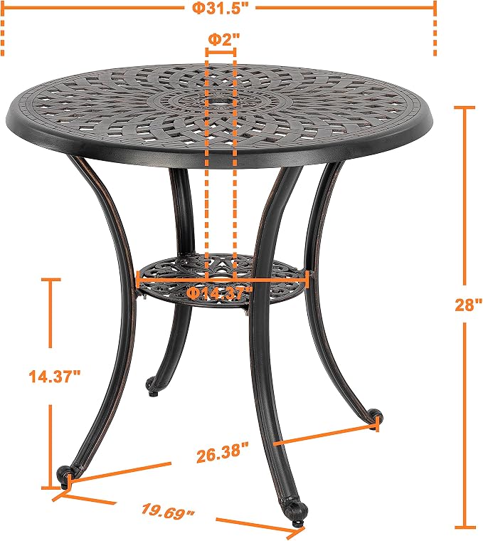 NUU GARDEN 31 Inch Cast Aluminum Patio Bistro Table, Black | Features an umbrella hole, decorative tabletop pattern and durable cast aluminum construction for outdoor use