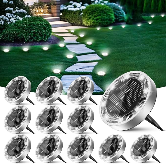 Solar Lights Outdoor Waterproof, 12 Pack Solar Lights for Outside, Anti-Rust, Solar Garden Lights Landscape Lighting for Pathway Yard Lawn Walkway Driveway, Cool White