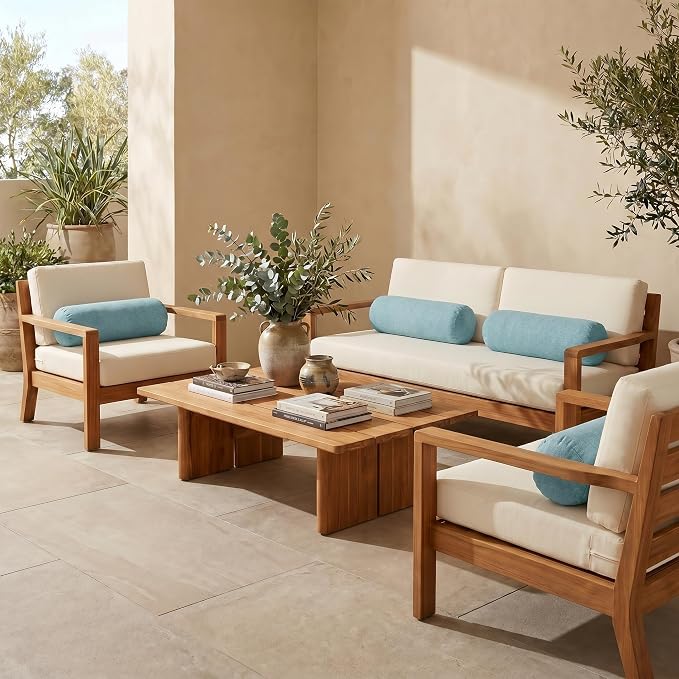 RSH DECOR: Sunbrella Neck Roll Pillows Set of 4 | 24” x 8” | Outdoor Bolster for Patio, Deck, Porch, or Poolside Chairs | Fade & Water-Resistant | Made in USA (Cast Mineral)